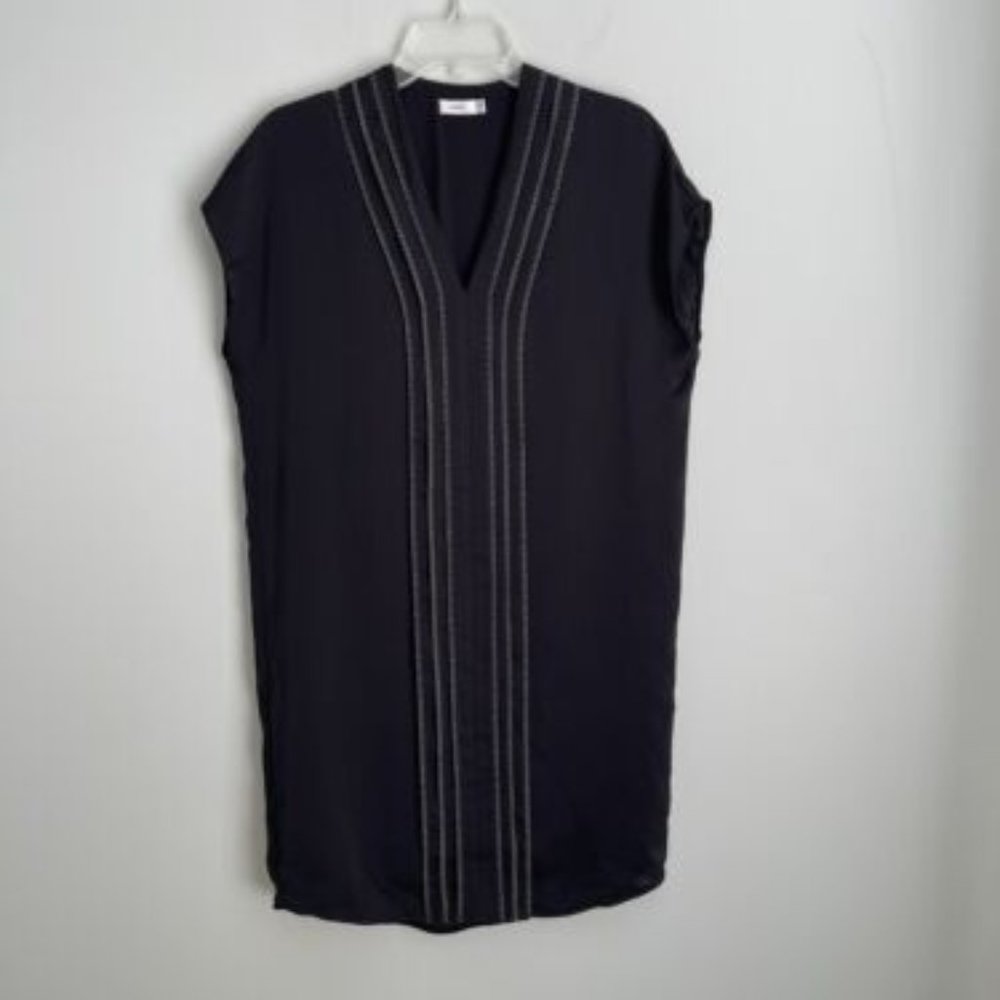 Vince Black Embroidered V-Neck Boxy Shift Dress
